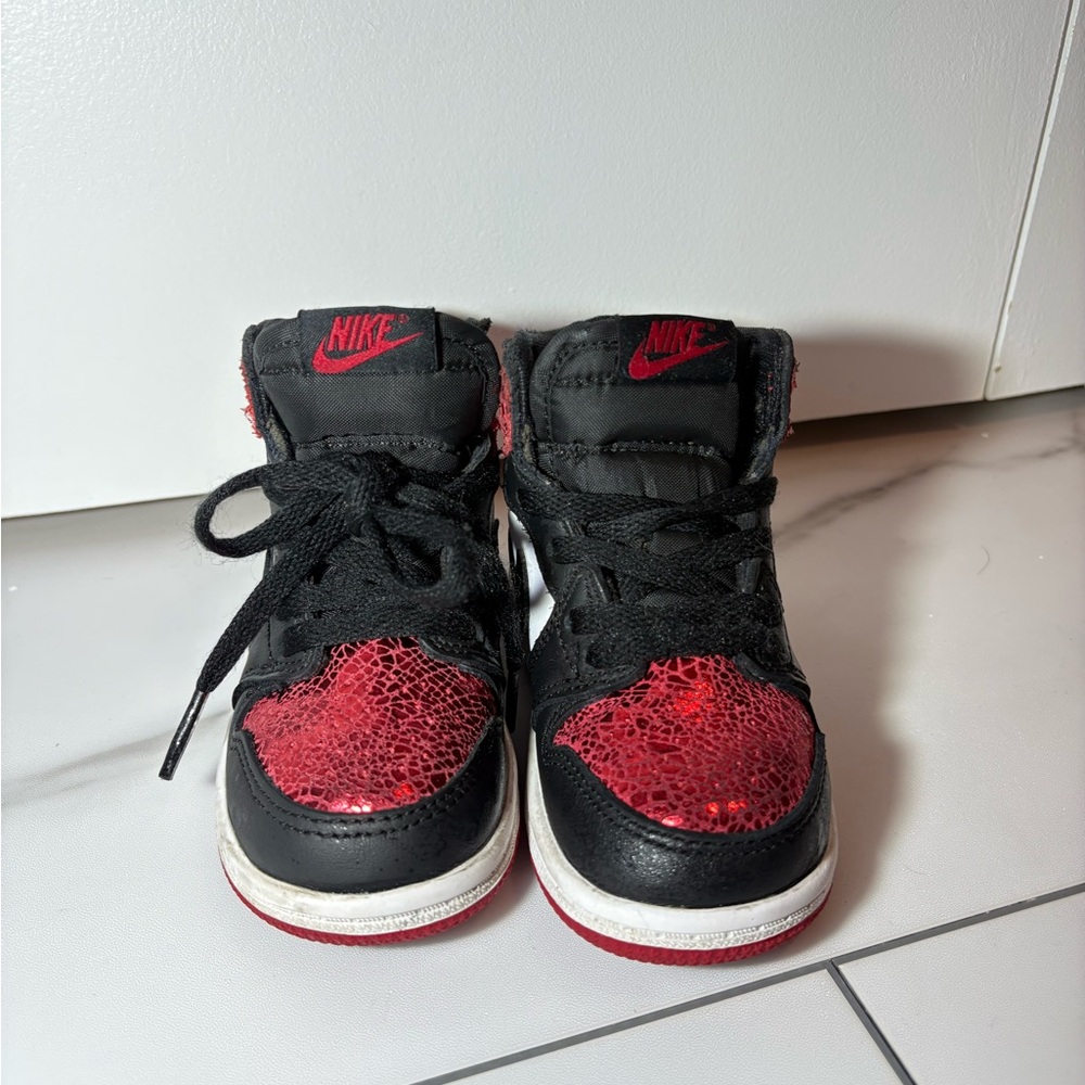 Nike Kids Black and Red High-Top Sneakers with Crackle Red Toe